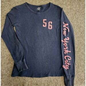 Old Navy Womens Waffle Knit Long Sleeve Shirt M‎ Blue Pink Embroidery Y2K Preppy